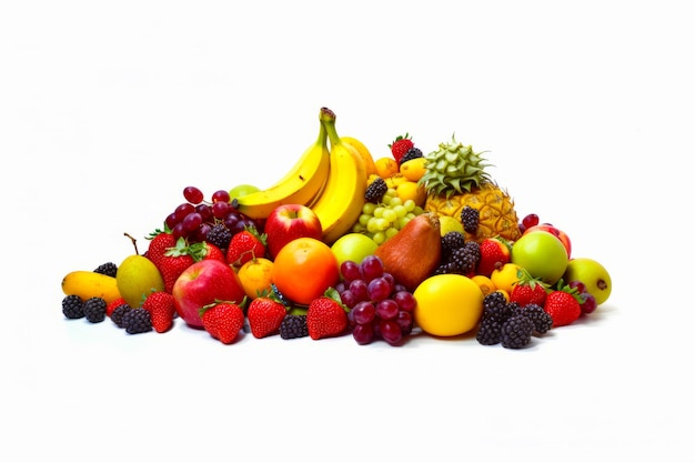 Masso di frutta assortita, comprese banane, mele, fragole, uva e ananas