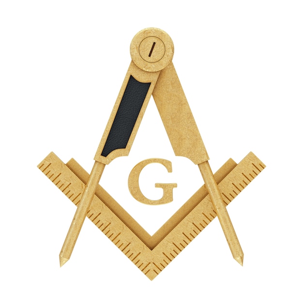 Massoneria massonica Golden Square e bussola con G lettera emblema icona logo simbolo su sfondo bianco. Rendering 3D