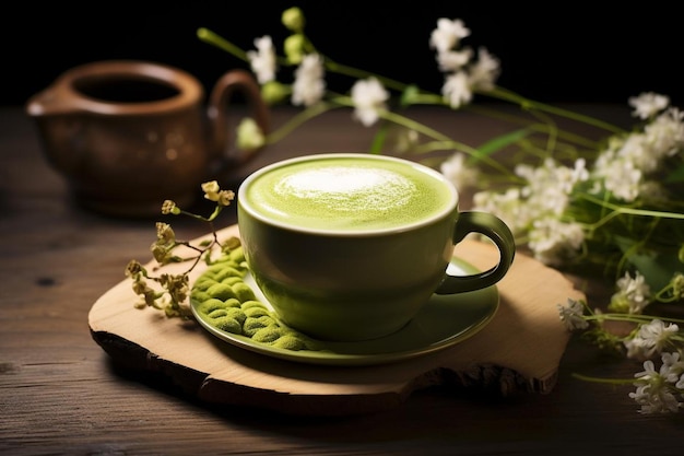 Matcha latte con semi di chia su uno sfondo chiaro accanto agli ingredienti