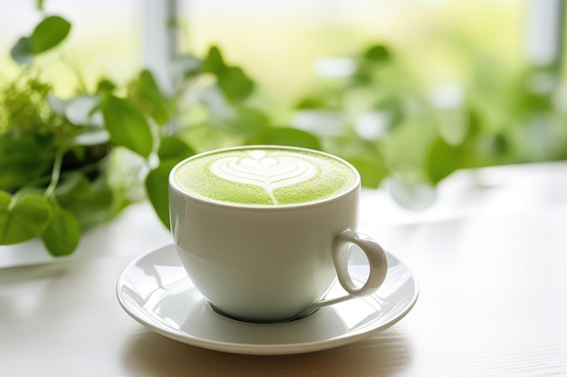 Matcha latte in una tazza con l'arte del latte