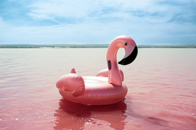 Materasso gonfiabile del pellicano rosa sul mare rosa