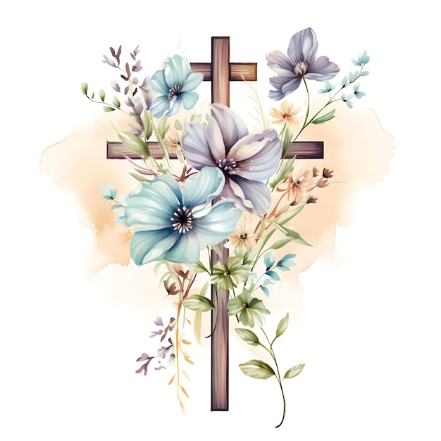 Materiale floreale in legno della Santa Croce con fiori dipinti a mano e una felice cornice per la Domenica delle Palme, arte ad acquerello