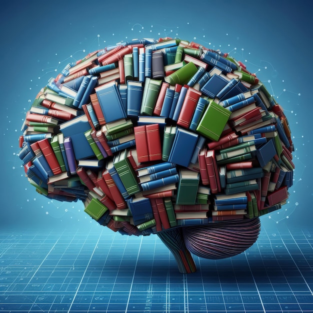 Materiale per manifesti educativi Un cervello fatto di libri che rappresentano l'apprendimento