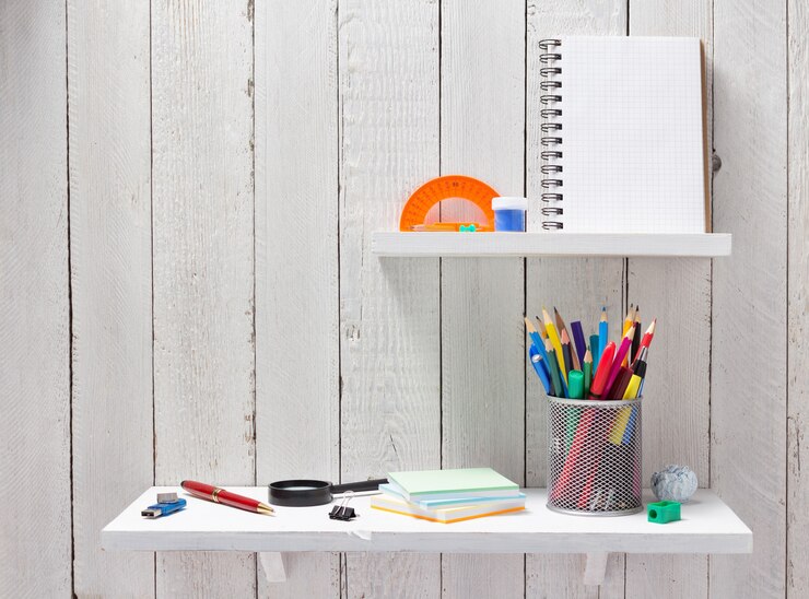 Materiale scolastico e strumenti a mensola in legno a parete