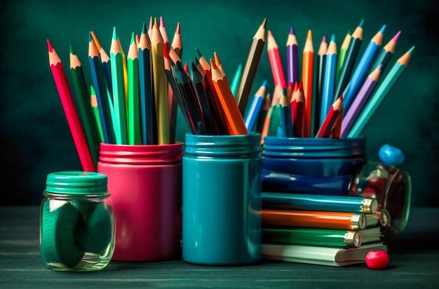 Materiale scolastico relativo alla scuola su una lavagna verde in classe