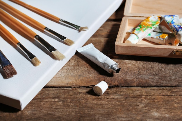 Materiali artistici professionali su sfondo di legno