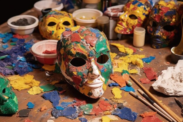 Materiali di maschera colorati sparsi sul tavolo di lavoro creati con AI generativa
