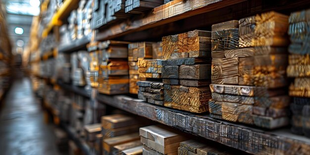 Materiali in legno assortiti in un magazzino pronti per la consegna Concetto Materiali legnosi Impostamento del magazzino Consegna di legname pronto Inventario di forniture per l'edilizia