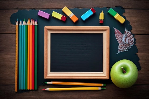 Materiali per le scuole con uno sfondo in legno duro e un'area di copia al centro IA generativa