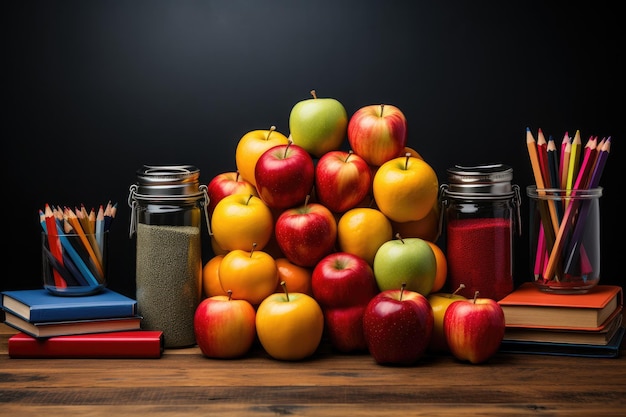 Materiali scolastici per gli studenti Tavola matite matite e mele