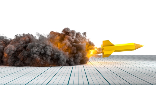 Matita a forma di razzo in decollo con fiamme e fumo. rendering 3D.
