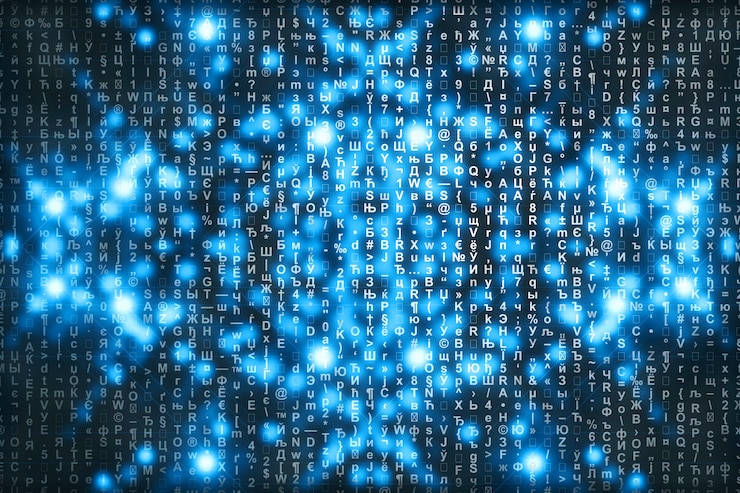 Foto matrice blu sfondo digitale. concetto astratto di cyberspazio. i personaggi cadono. matrice dal flusso di simboli. progettazione di realtà virtuale. pirateria informatica complessa. ciano scintille digitali.