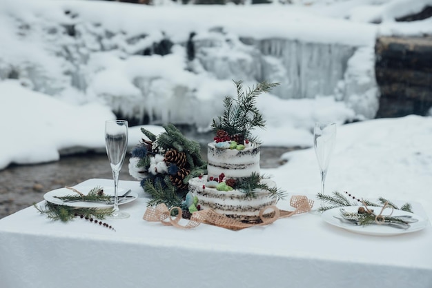 Matrimonio invernale rustico. Arredamento da tavola. Decorazioni per la tavola di nozze invernali sposi per servizio fotografico.