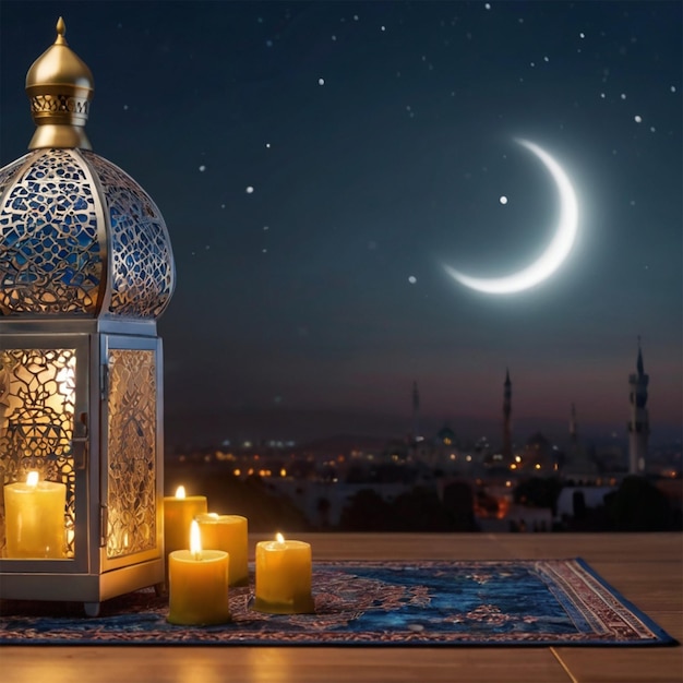matt vuoto sul tetto con moschea a lanterna araba e luna crescente sullo sfondo