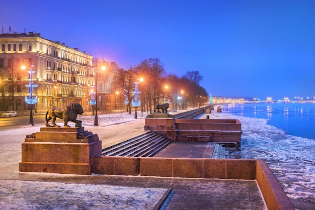 Mattina d'inverno blu a San Pietroburgo con vista sul fiume Neva e sui leoni sul molo