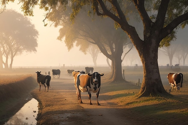 mattina d'inverno nelle zone rurali del Bengala il lontano muggito delle mucche crea un ambiente tranquillo e idilliaco