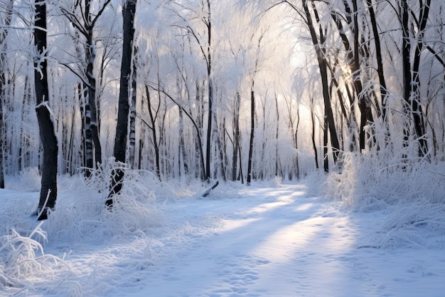 Mattina di sole nella foresta ghiacciata in inverno