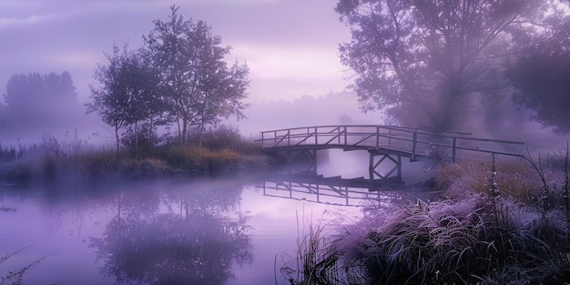 Mattina nebbiosa al Riverside Paesaggio sereno con ponte di legno