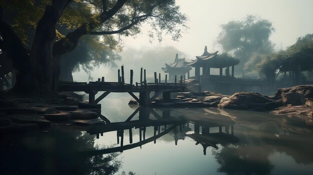 Mattina nebbiosa con calma nebbia del lago e sereno riflesso nella natura vecchie rovine cinesi e fiume