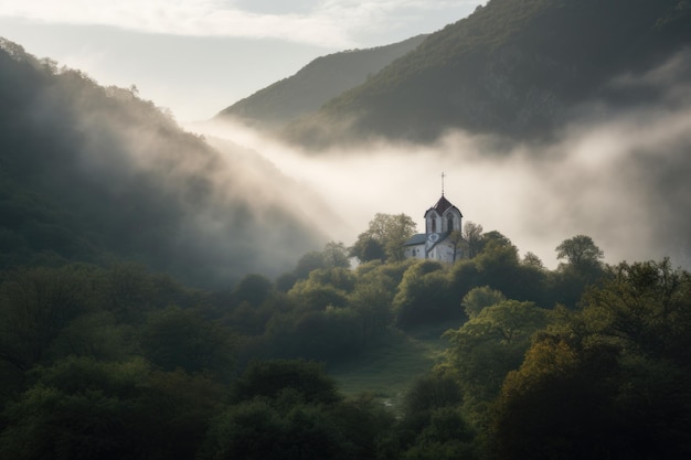 Mattina nebbiosa con la cappella circondata da montagne e nuvole create con l'IA generativa