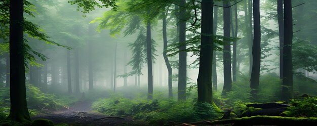 Mattina nebbiosa nella foresta verde