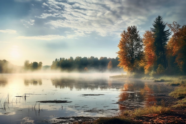 Mattina nebbiosa sul lago d'autunno