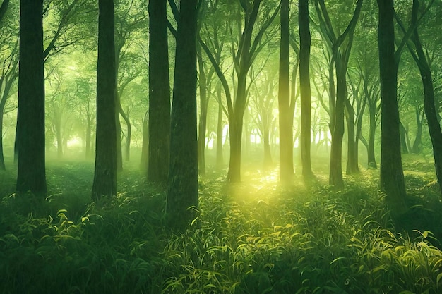 Mattina nella foresta alberi ad alto fusto un sentiero nell'erba I raggi del sole cadono a terra