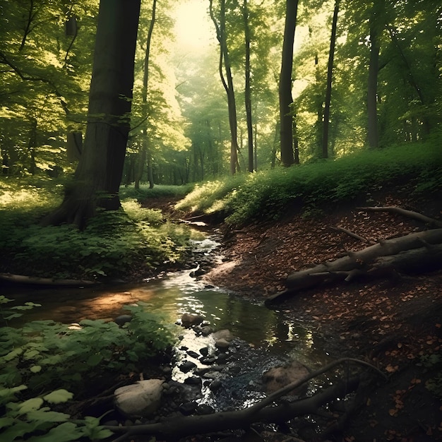 Mattina nella foresta con un piccolo ruscello e alberi in primo piano