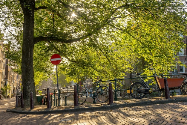 Mattina soleggiata sul canale e sul ponte di Amsterdam con le biciclette