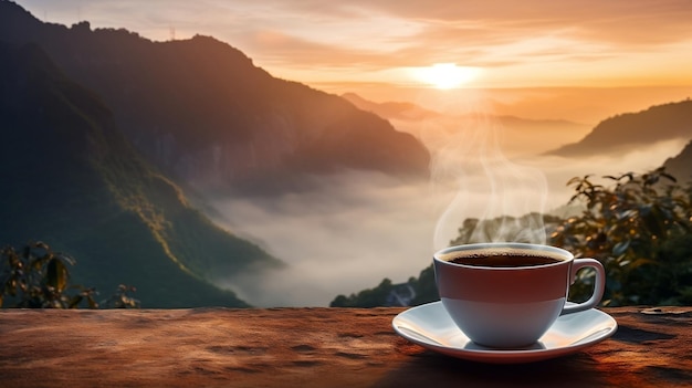 Mattina tazza di caffè con fumo con sfondo di montagna Ai