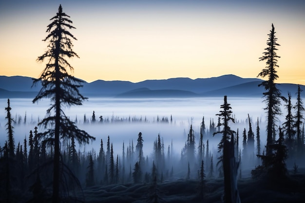 Mattinata nebbiosa in montagna Paesaggio con nebbia