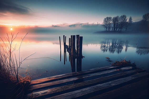Mattinata nebbiosa sul lago Bellissimo paesaggio autunnale con piergenerative in legno ai