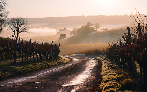 Mattine invernali nei campi e nei vigneti con il sole che sorge dalle sue ceneri