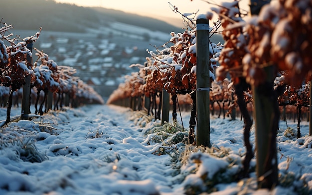 Mattine invernali nei campi e nei vigneti con il sole che sorge dalle sue ceneri