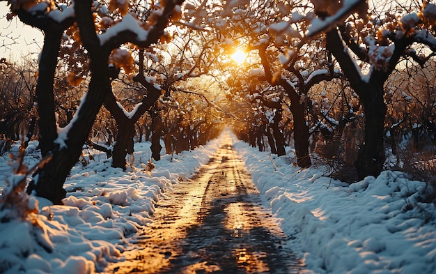 Mattine invernali nei campi e nei vigneti con il sole che sorge dalle sue ceneri