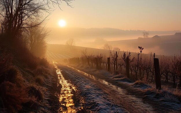 Mattine invernali nei campi e nei vigneti con il sole che sorge dalle sue ceneri