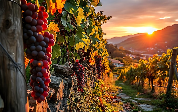 Mattine invernali nei campi e nei vigneti con il sole che sorge dalle sue ceneri