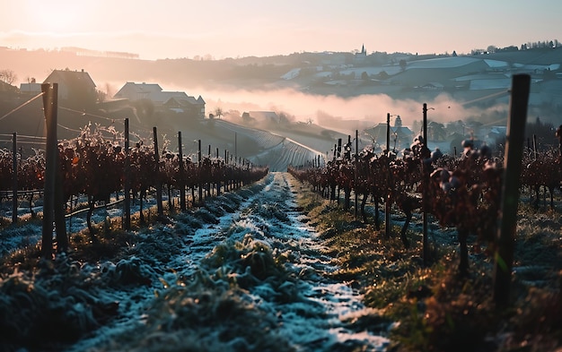 Mattine invernali nei campi e nei vigneti con il sole che sorge dalle sue ceneri