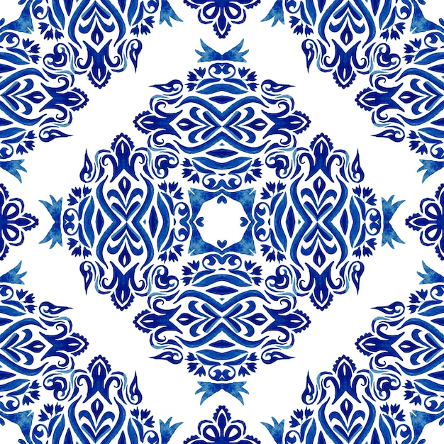 Mattonelle floreali astratte decorative blu e bianche azulejo disegnati a mano piastrelle ornamentali senza cuciture pittura ad acquerello