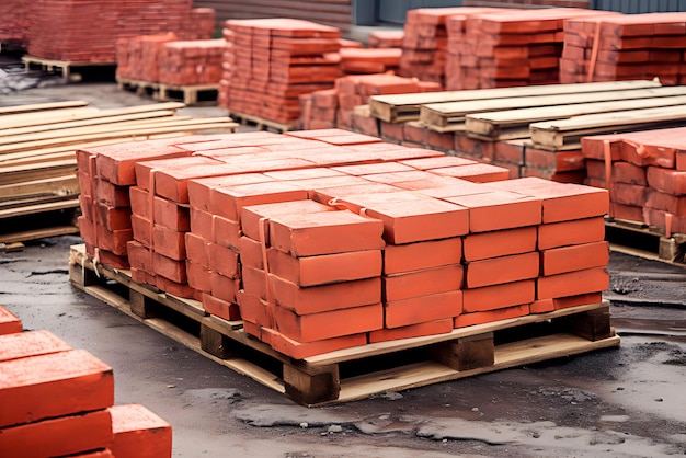 mattoni di argilla rossa impilati su pallet di legno sul terreno di un cantiere