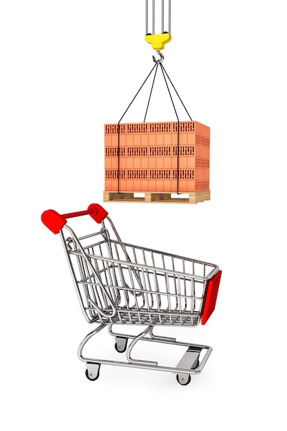 Mattoni rossi su pallet di legno con carrello del supermercato su sfondo bianco