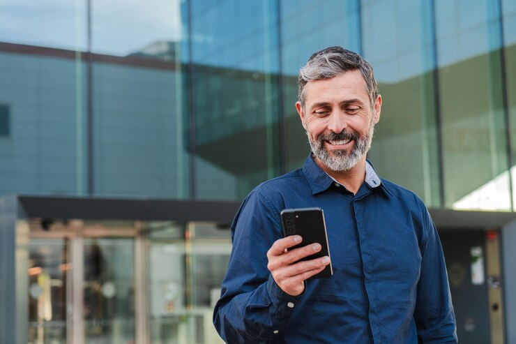 mature male worker watching a finance app on his cellphone Middle aged person holding a mobile phone