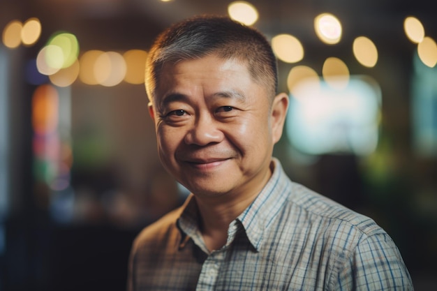 Maturo uomo d'affari asiatico intelligente volto sorridente in piedi in sfocatura dello sfondo di creativo colorato ufficio interior design Generativo AI AIG20