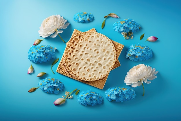 Matzah e fiori primaverili su sfondo blu perfetti per il concetto di celebrazione di Pesah