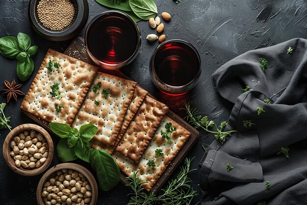 Matzah e vino su una tavola festiva alla Pasqua