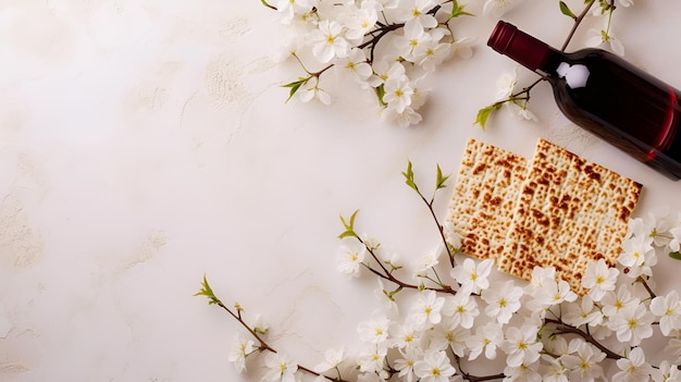 matzah ebraica una bottiglia di vino e fiori di primavera su uno sfondo bianco Pasqua