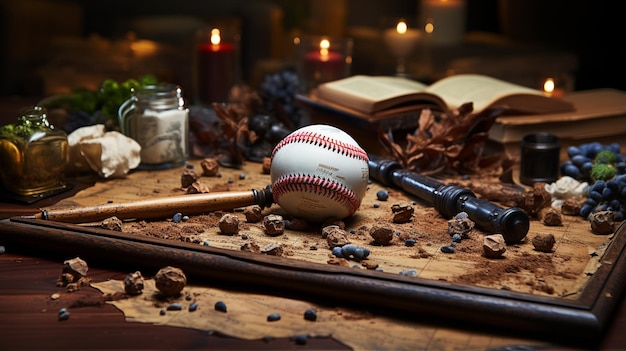 mazza da baseball baseball e baseball su tavolo in legno gioco sportivo sport e tempo libero