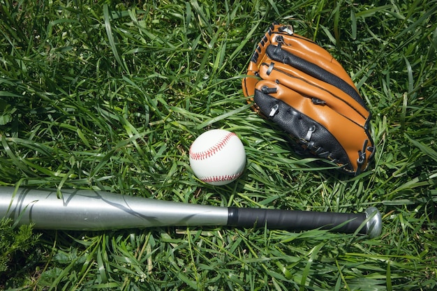 Mazza da baseball e baseball sullo sfondo dell'erba verde