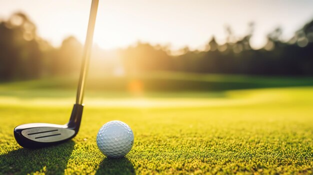 Mazza da golf e pallina da golf su sfondo verde erba Sfondo sfocato Sport all'aria aperta IA generativa