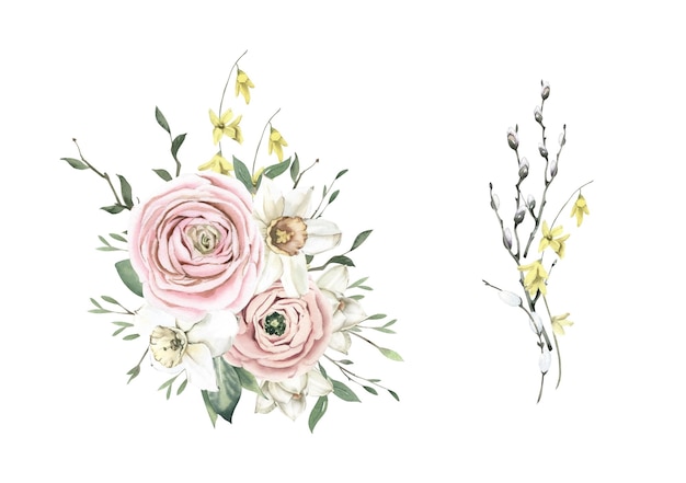 Mazzi ad acquerello con Ranunculus Narcisi e Salice Perfetto per invito e social media